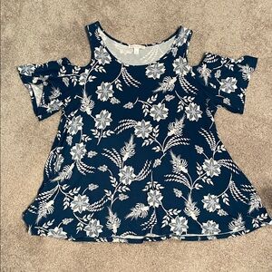 Floral Cold Shoulder Blouse - Navy and White